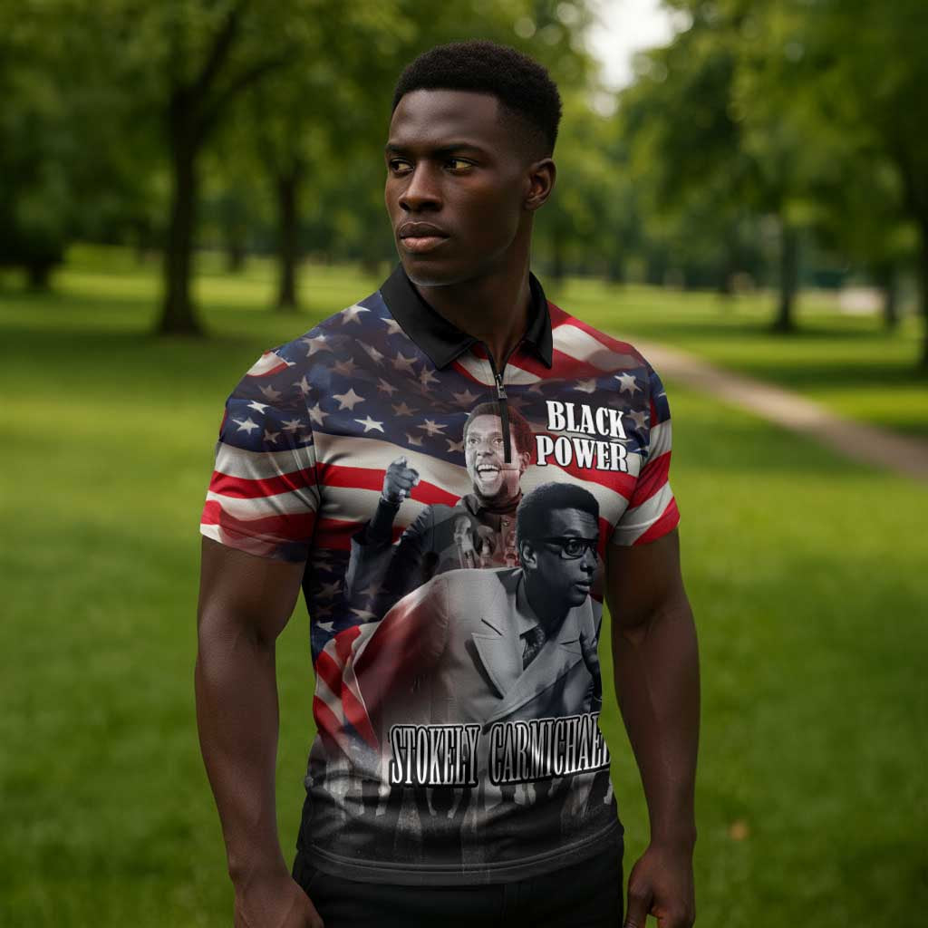 Stokely Carmichael Zipper Polo Shirt American Flag Background Black Power Quote Civil Rights Leader Powerful Speech - Wonder Print Shop