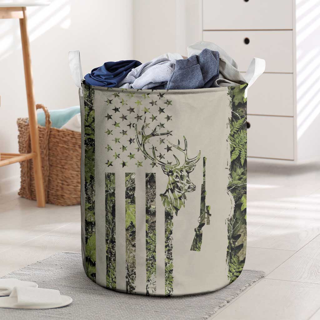Deer Skull Camouflage Laundry Basket American Hunting Culture in Forest Green and Earth Tones