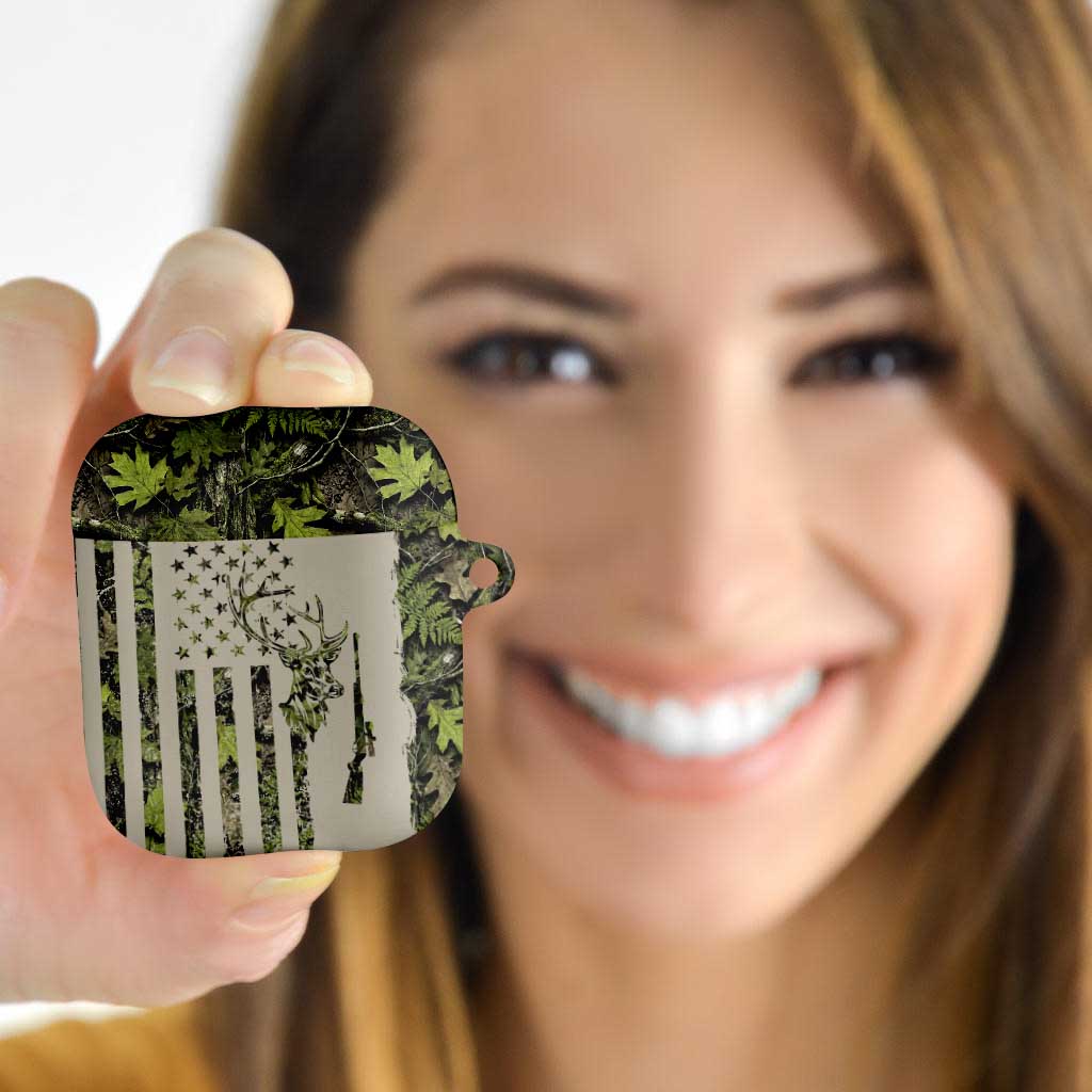 Deer Skull Camouflage AirPods Case American Hunting Culture in Forest Green and Earth Tones