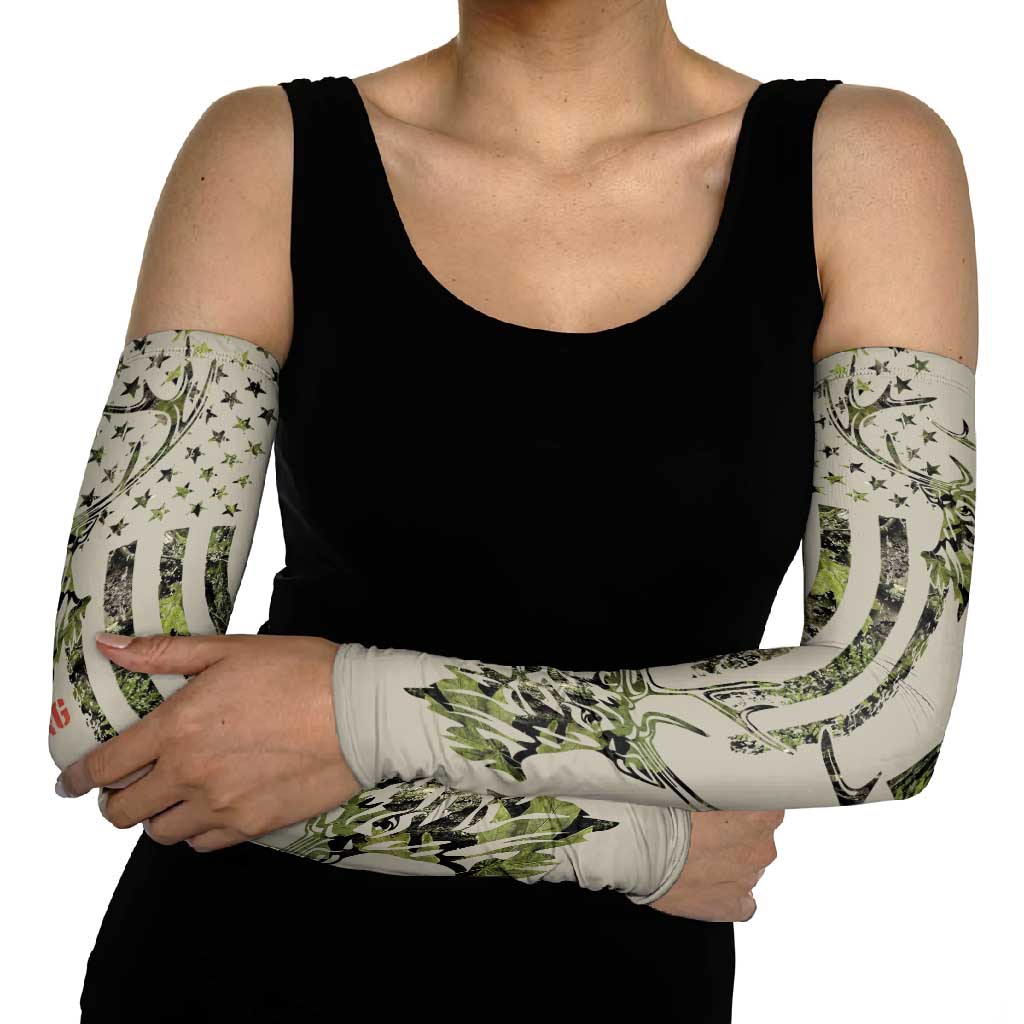 Deer Skull Camouflage Arm Sleeves American Hunting Culture in Forest Green and Earth Tones