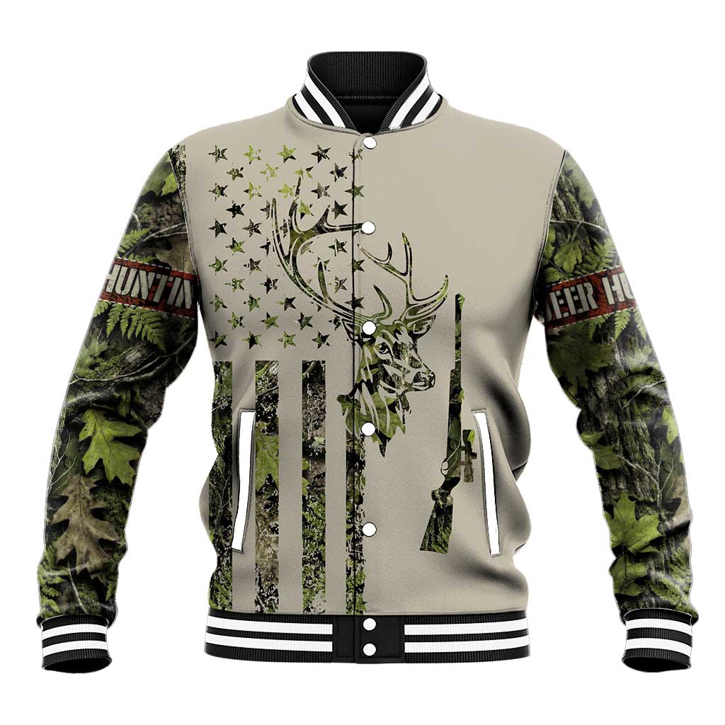 Deer Skull Camouflage Baseball Jacket American Hunting Culture in Forest Green and Earth Tones