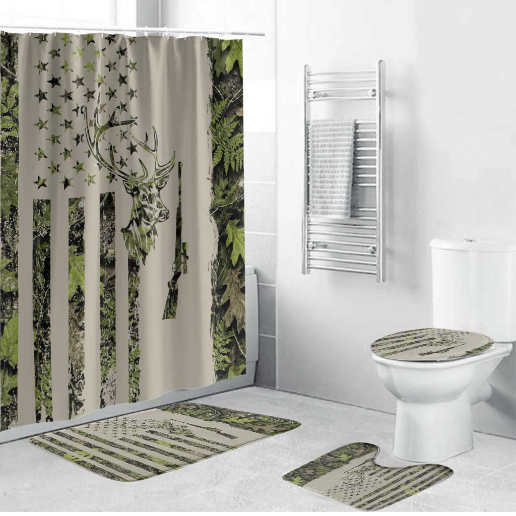 Deer Skull Camouflage Bathroom Set American Hunting Culture in Forest Green and Earth Tones