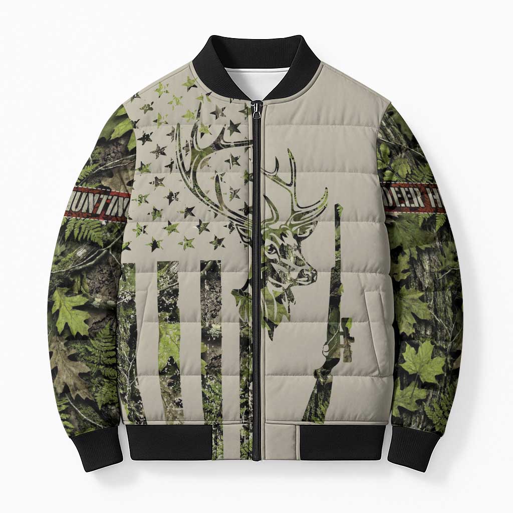 Deer Skull Camouflage Bomber Puffer Jacket American Hunting Culture in Forest Green and Earth Tones
