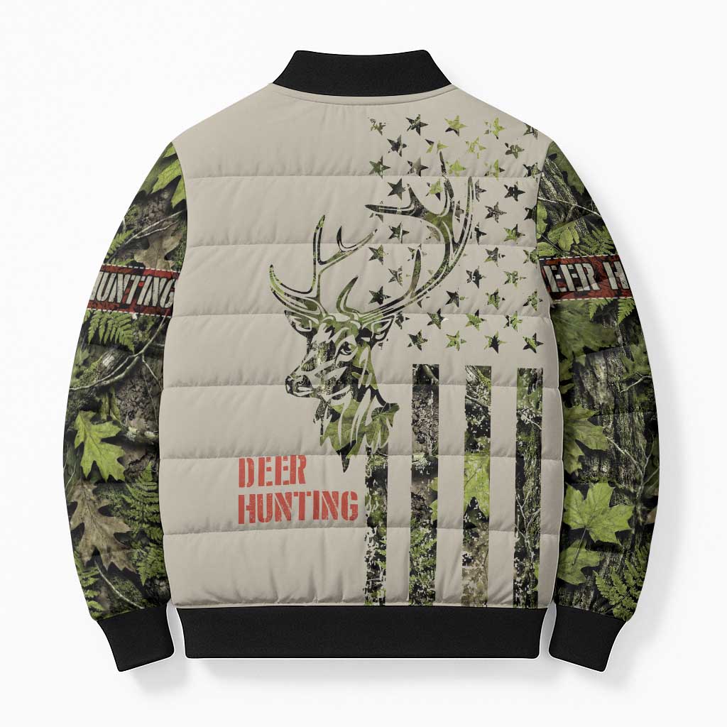 Deer Skull Camouflage Bomber Puffer Jacket American Hunting Culture in Forest Green and Earth Tones
