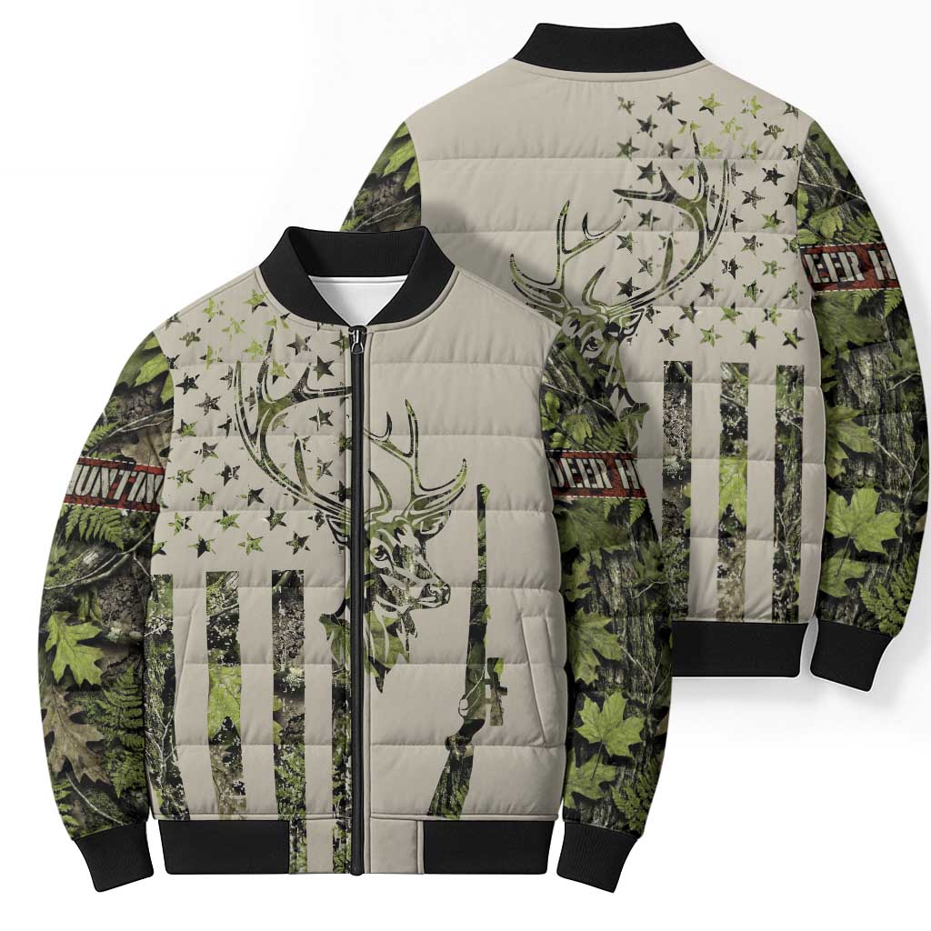 Deer Skull Camouflage Bomber Puffer Jacket American Hunting Culture in Forest Green and Earth Tones