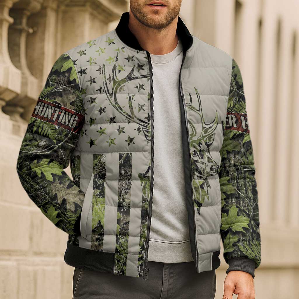 Deer Skull Camouflage Bomber Puffer Jacket American Hunting Culture in Forest Green and Earth Tones