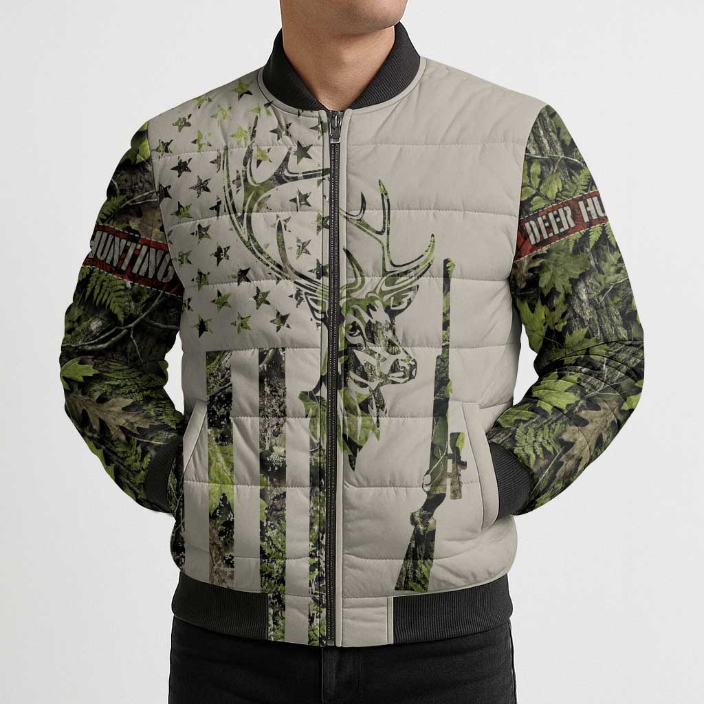 Deer Skull Camouflage Bomber Puffer Jacket American Hunting Culture in Forest Green and Earth Tones