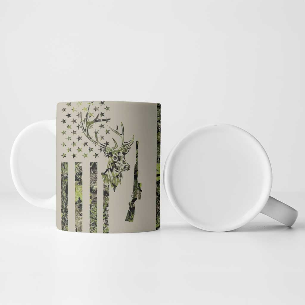 Deer Skull Camouflage Ceramic Mug American Hunting Culture in Forest Green and Earth Tones
