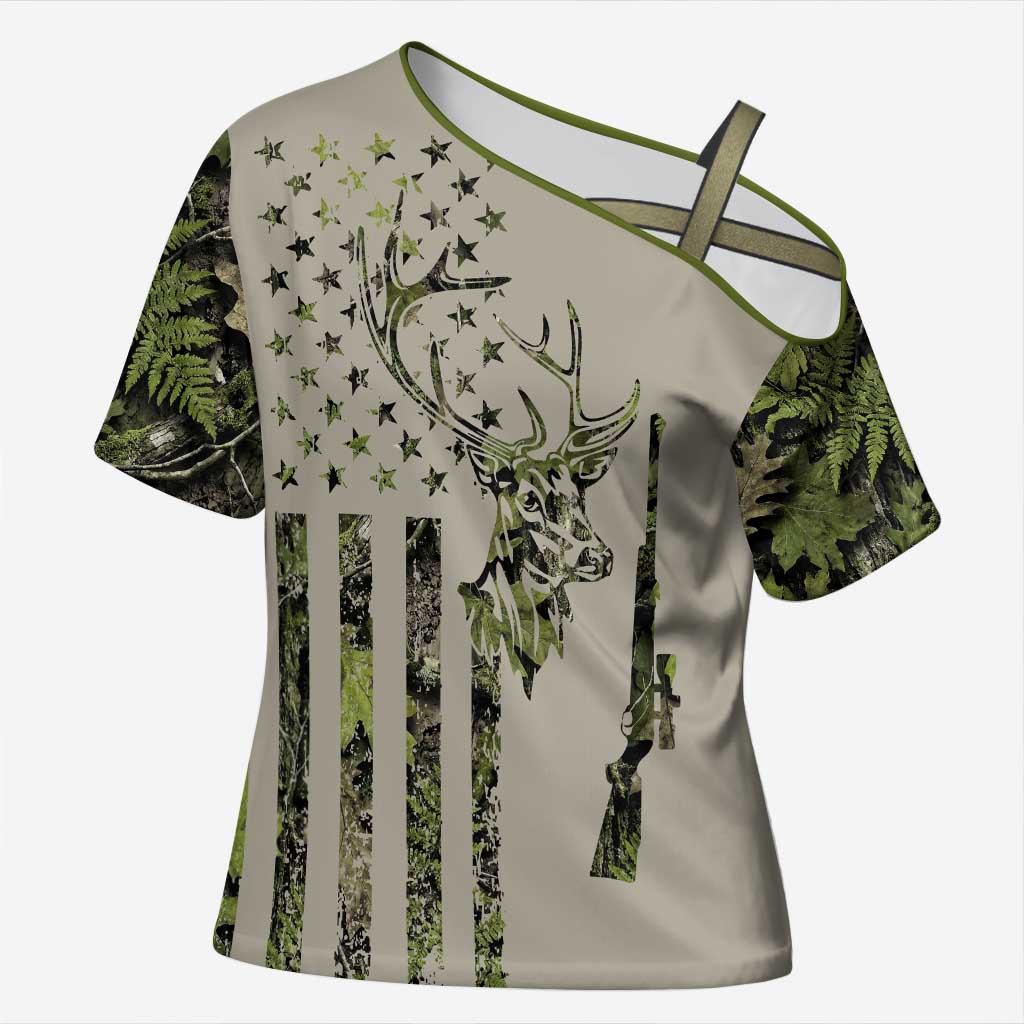 Deer Skull Camouflage Cross Shoulder Shirt American Hunting Culture in Forest Green and Earth Tones