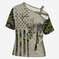 Deer Skull Camouflage Cross Shoulder Shirt American Hunting Culture in Forest Green and Earth Tones