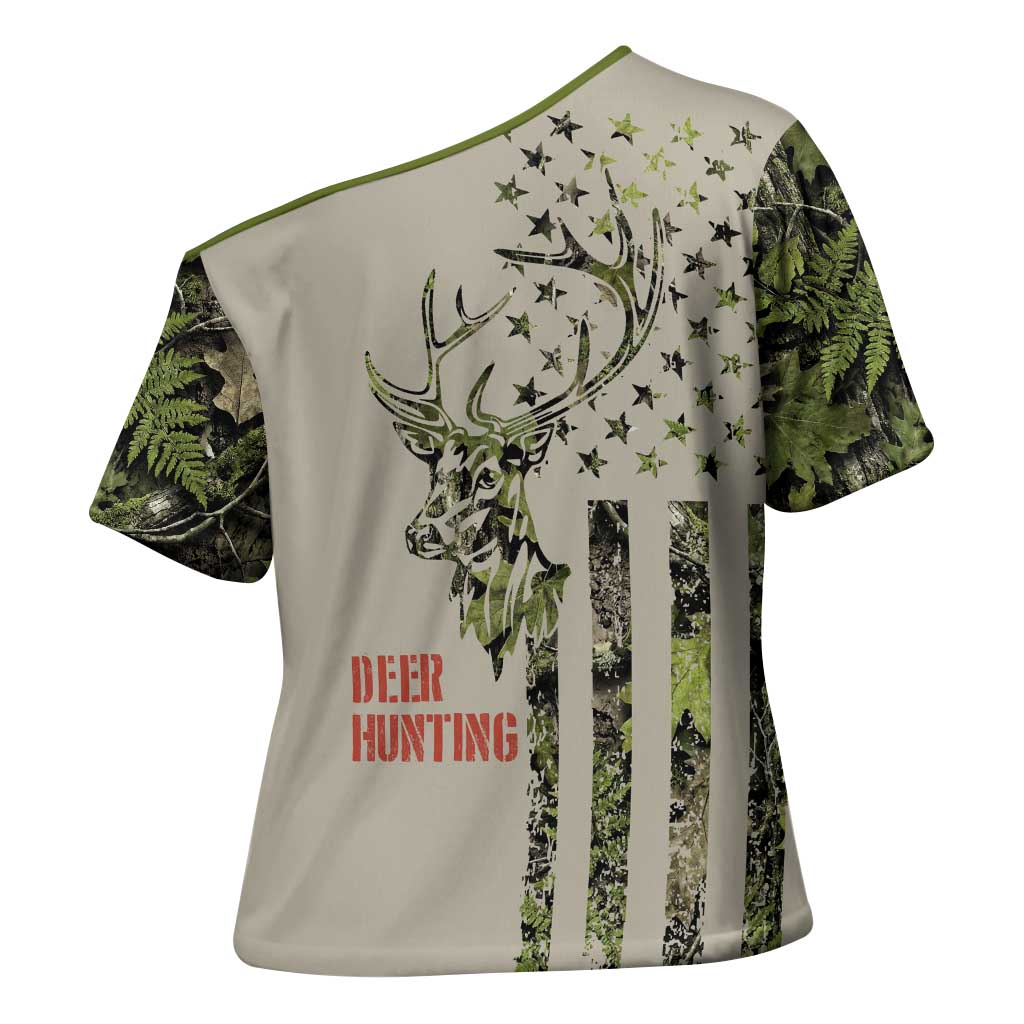 Deer Skull Camouflage Cross Shoulder Shirt American Hunting Culture in Forest Green and Earth Tones