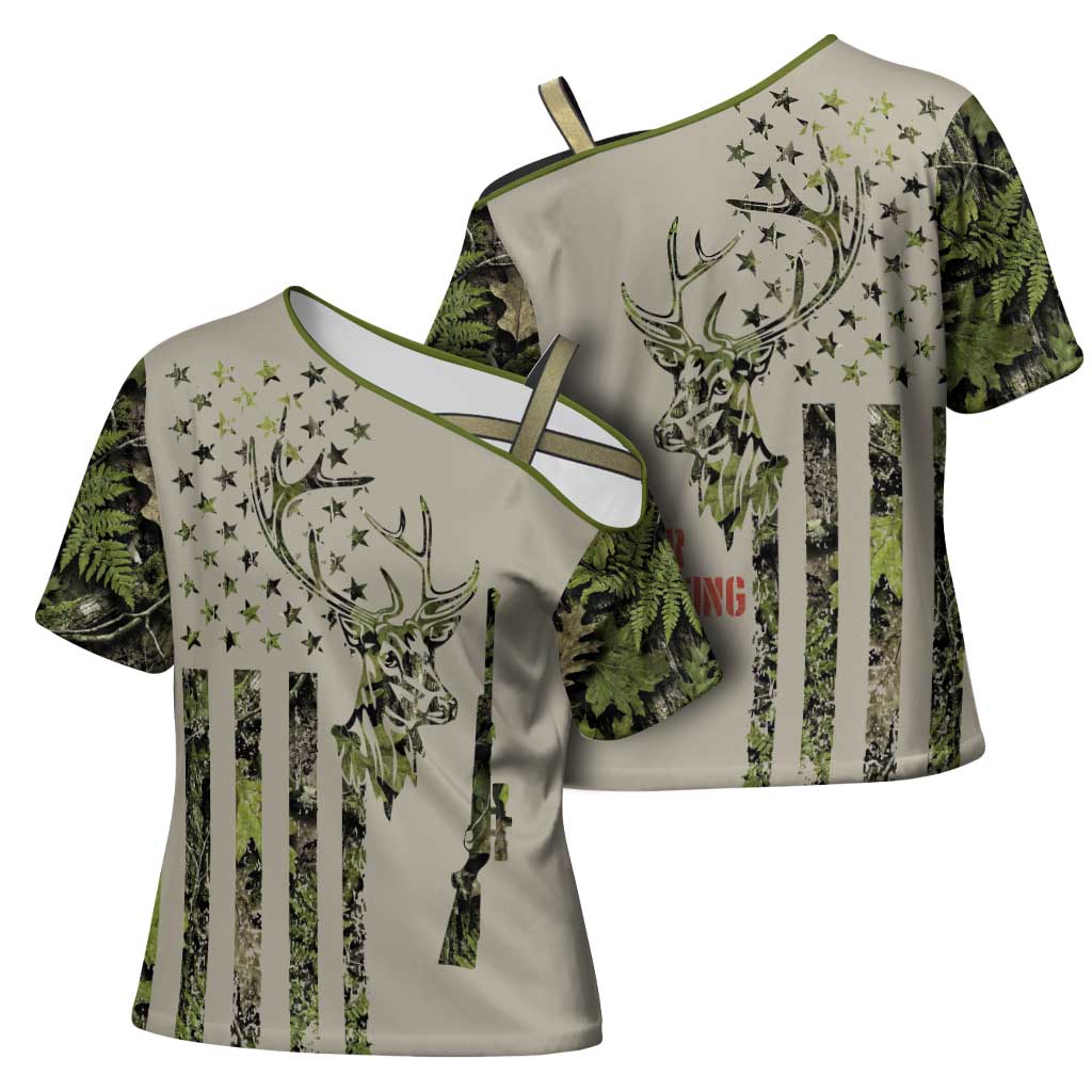 Deer Skull Camouflage Cross Shoulder Shirt American Hunting Culture in Forest Green and Earth Tones