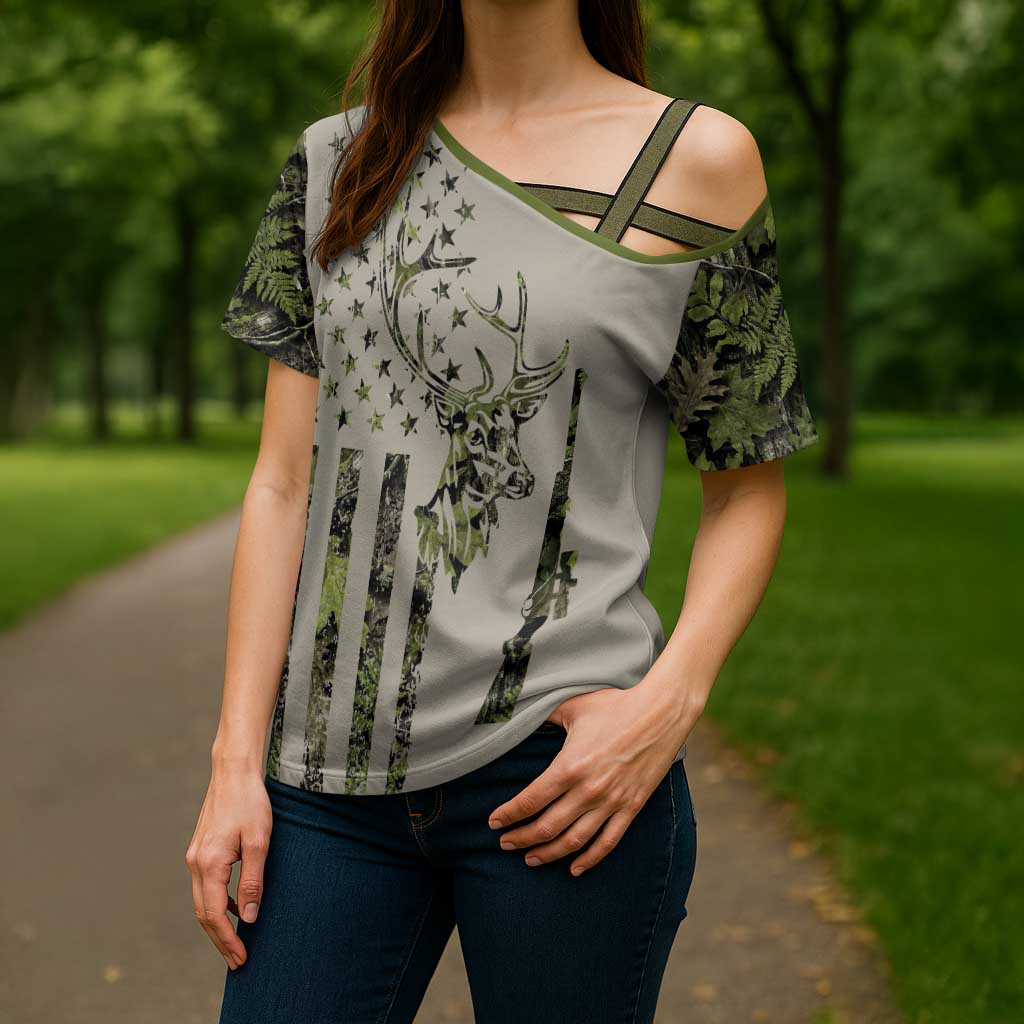 Deer Skull Camouflage Cross Shoulder Shirt American Hunting Culture in Forest Green and Earth Tones