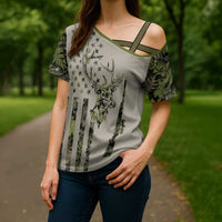 Deer Skull Camouflage Cross Shoulder Shirt American Hunting Culture in Forest Green and Earth Tones