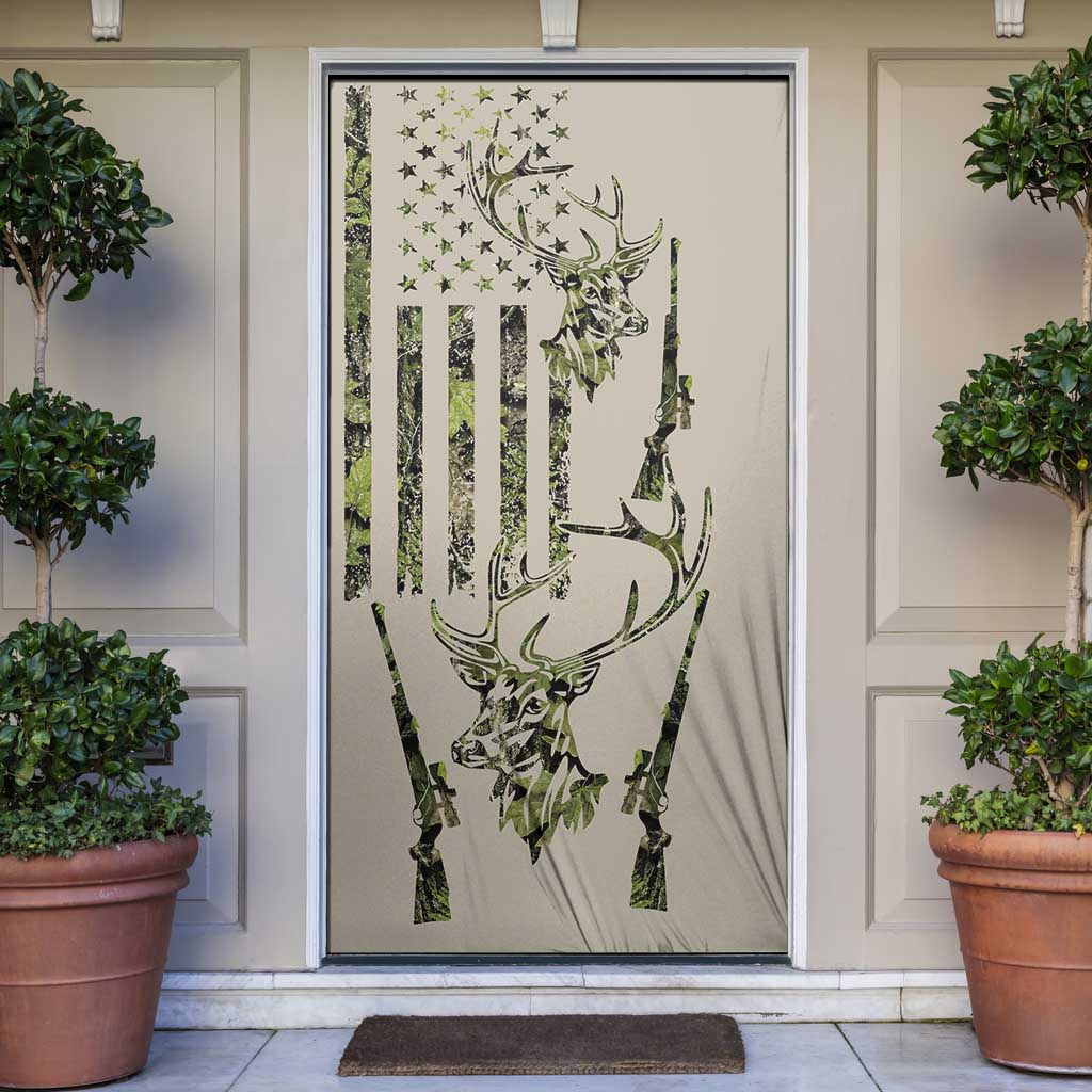 Deer Skull Camouflage Door Cover American Hunting Culture in Forest Green and Earth Tones