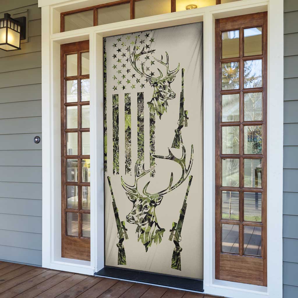 Deer Skull Camouflage Door Cover American Hunting Culture in Forest Green and Earth Tones