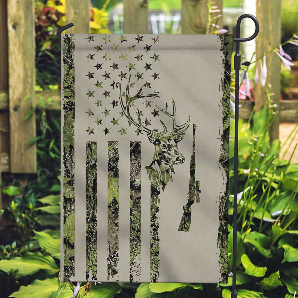 Deer Skull Camouflage Garden Flag American Hunting Culture in Forest Green and Earth Tones