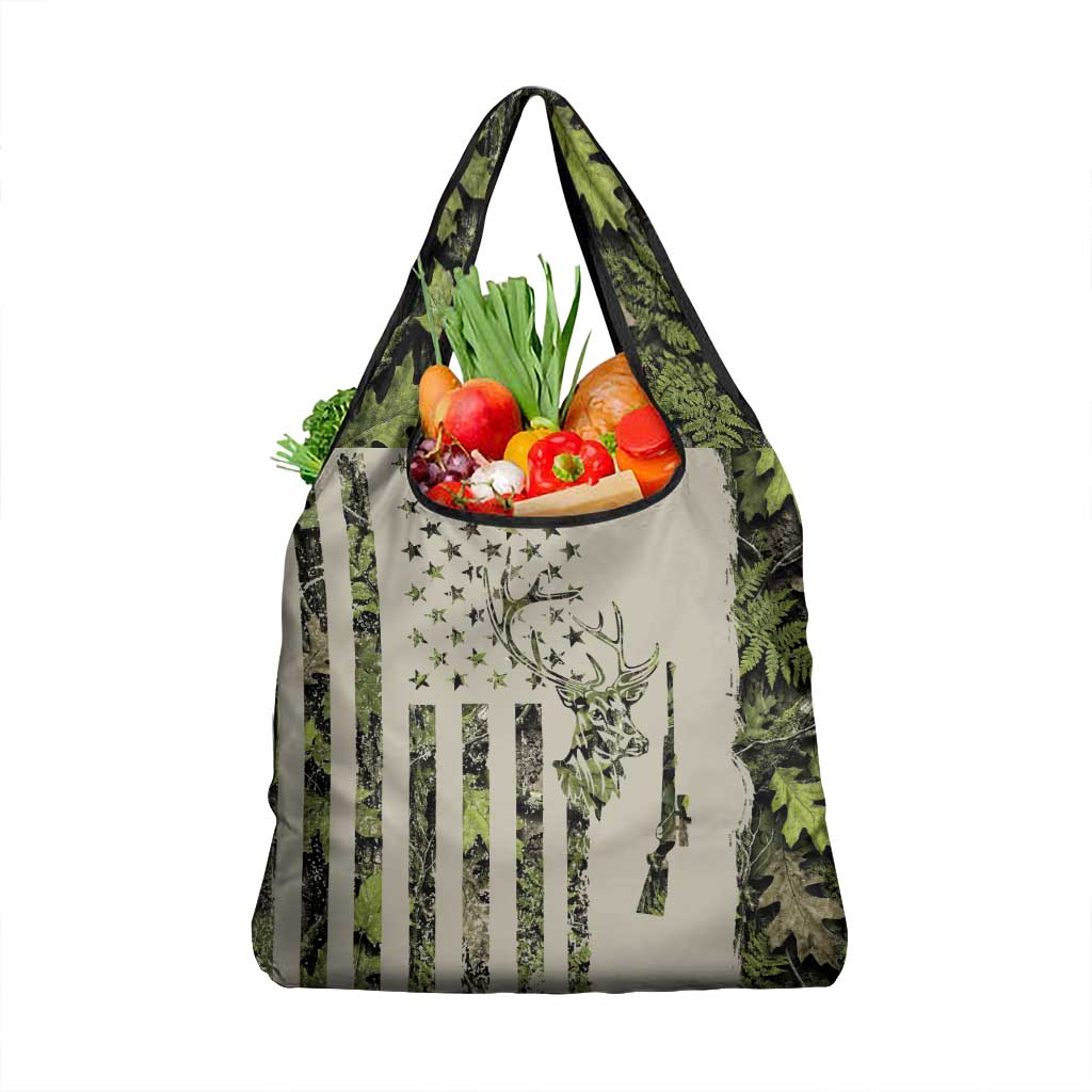 Deer Skull Camouflage Grocery Bag American Hunting Culture in Forest Green and Earth Tones