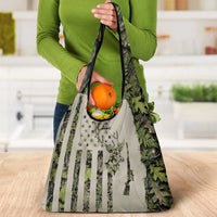 Deer Skull Camouflage Grocery Bag American Hunting Culture in Forest Green and Earth Tones