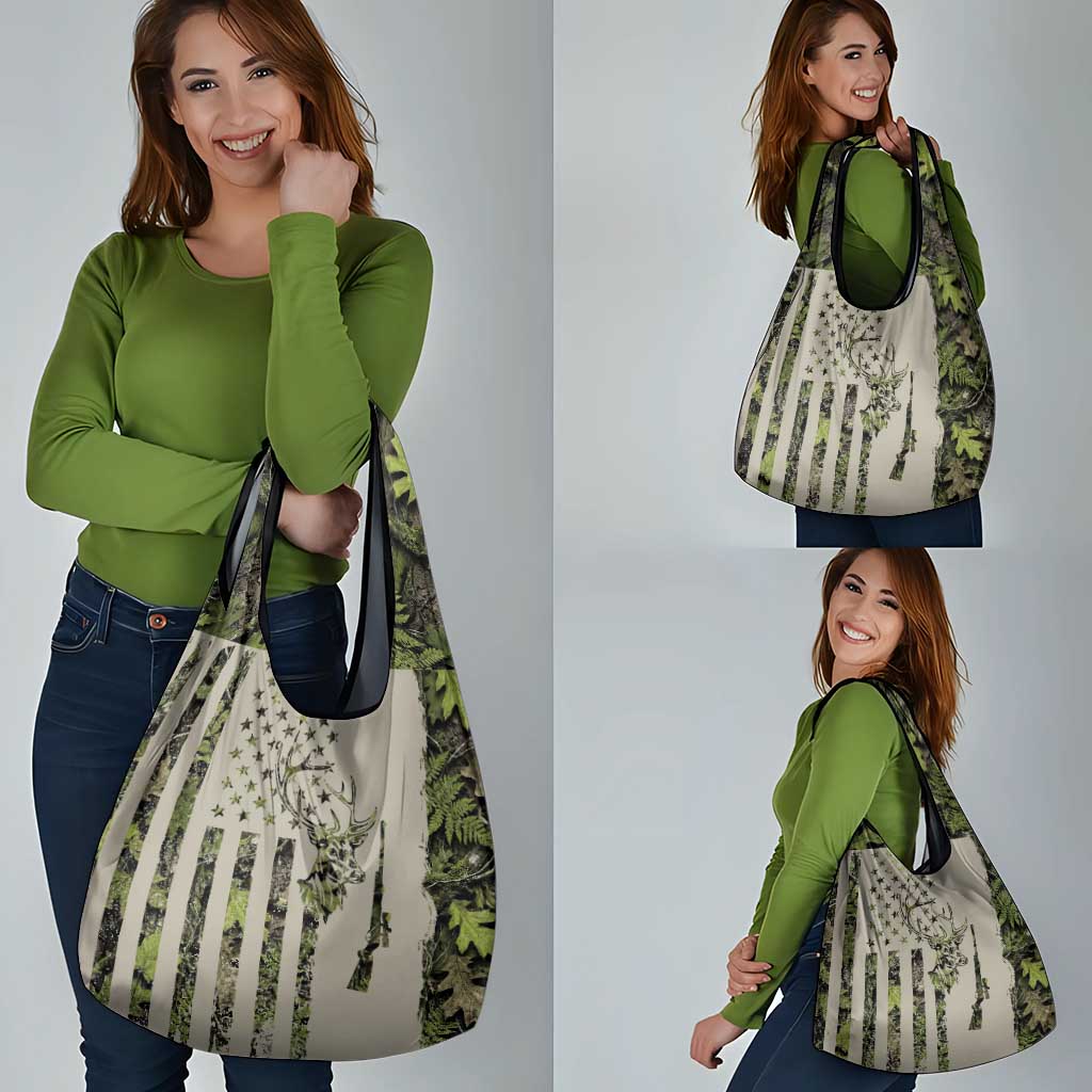 Deer Skull Camouflage Grocery Bag American Hunting Culture in Forest Green and Earth Tones