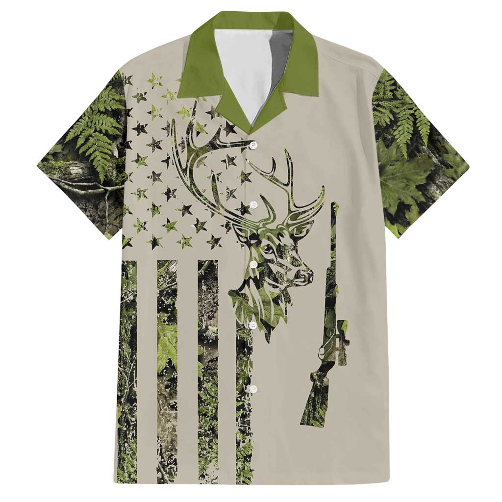 Deer Skull Camouflage Hawaiian Shirt American Hunting Culture in Forest Green and Earth Tones