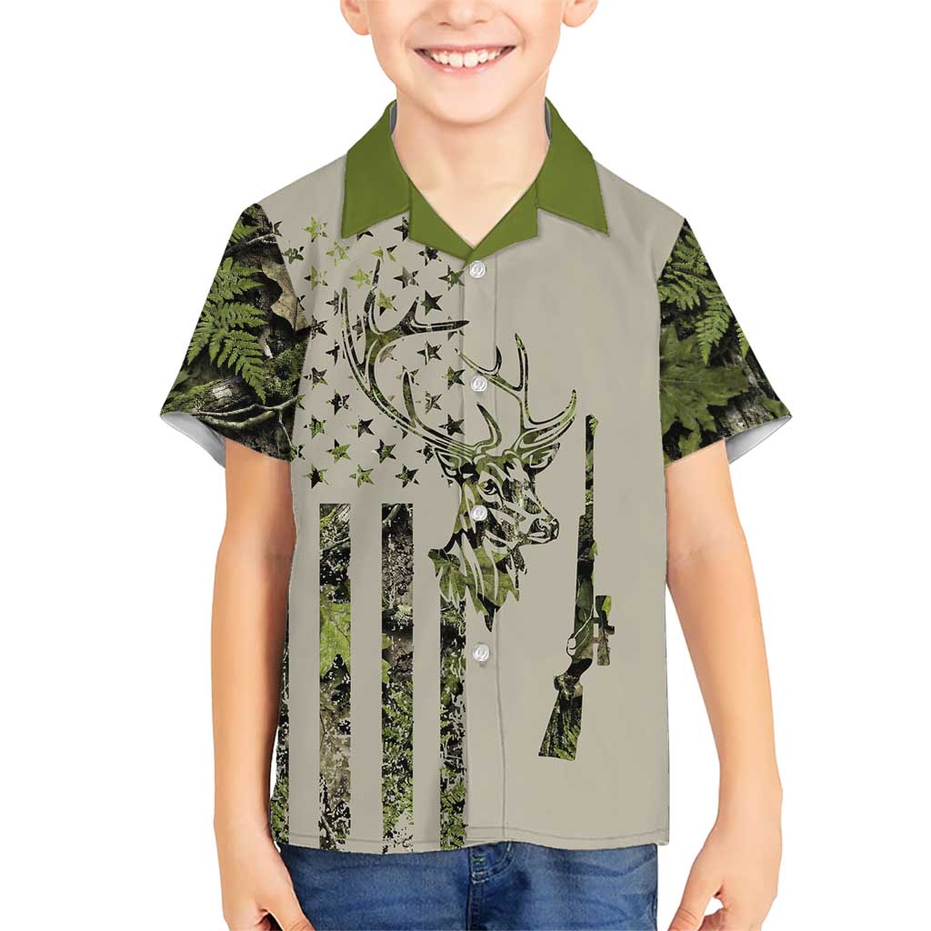 Deer Skull Camouflage Hawaiian Shirt American Hunting Culture in Forest Green and Earth Tones