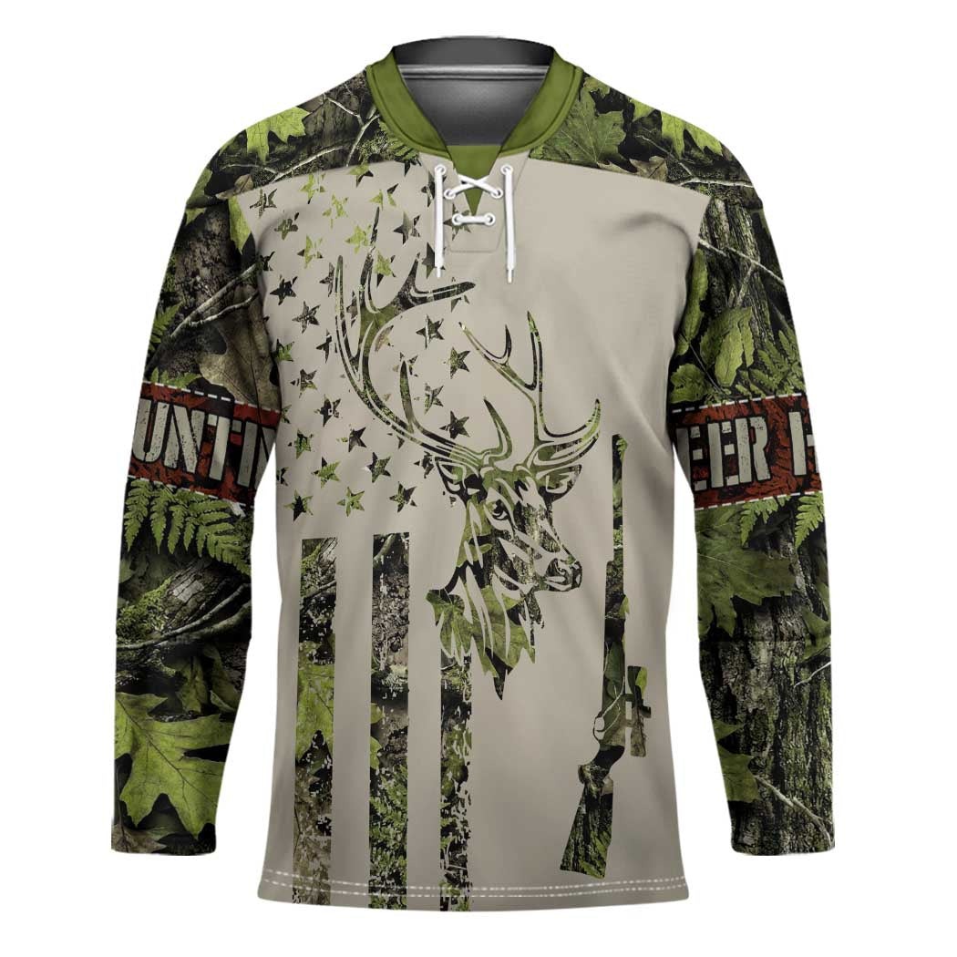 Deer Skull Camouflage Hockey Jersey American Hunting Culture in Forest Green and Earth Tones