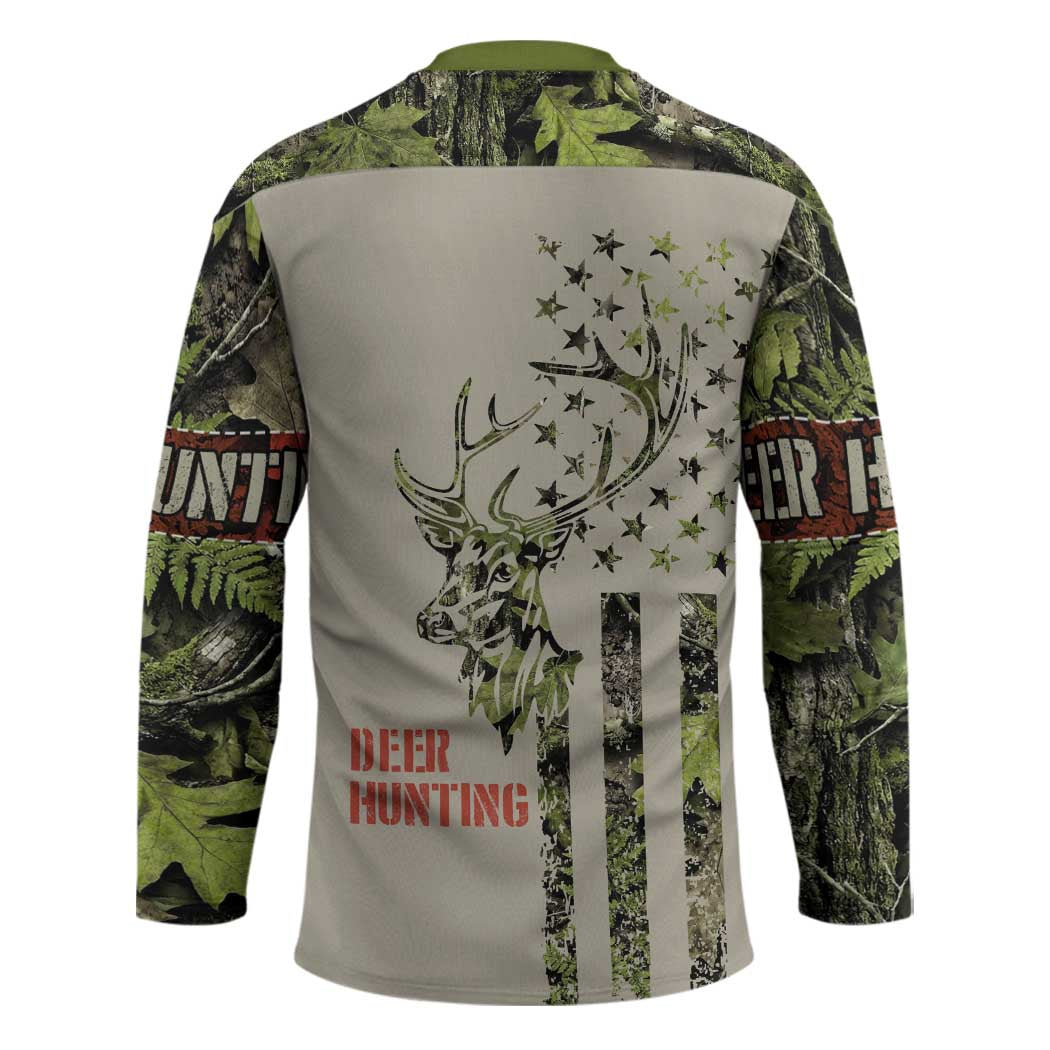Deer Skull Camouflage Hockey Jersey American Hunting Culture in Forest Green and Earth Tones