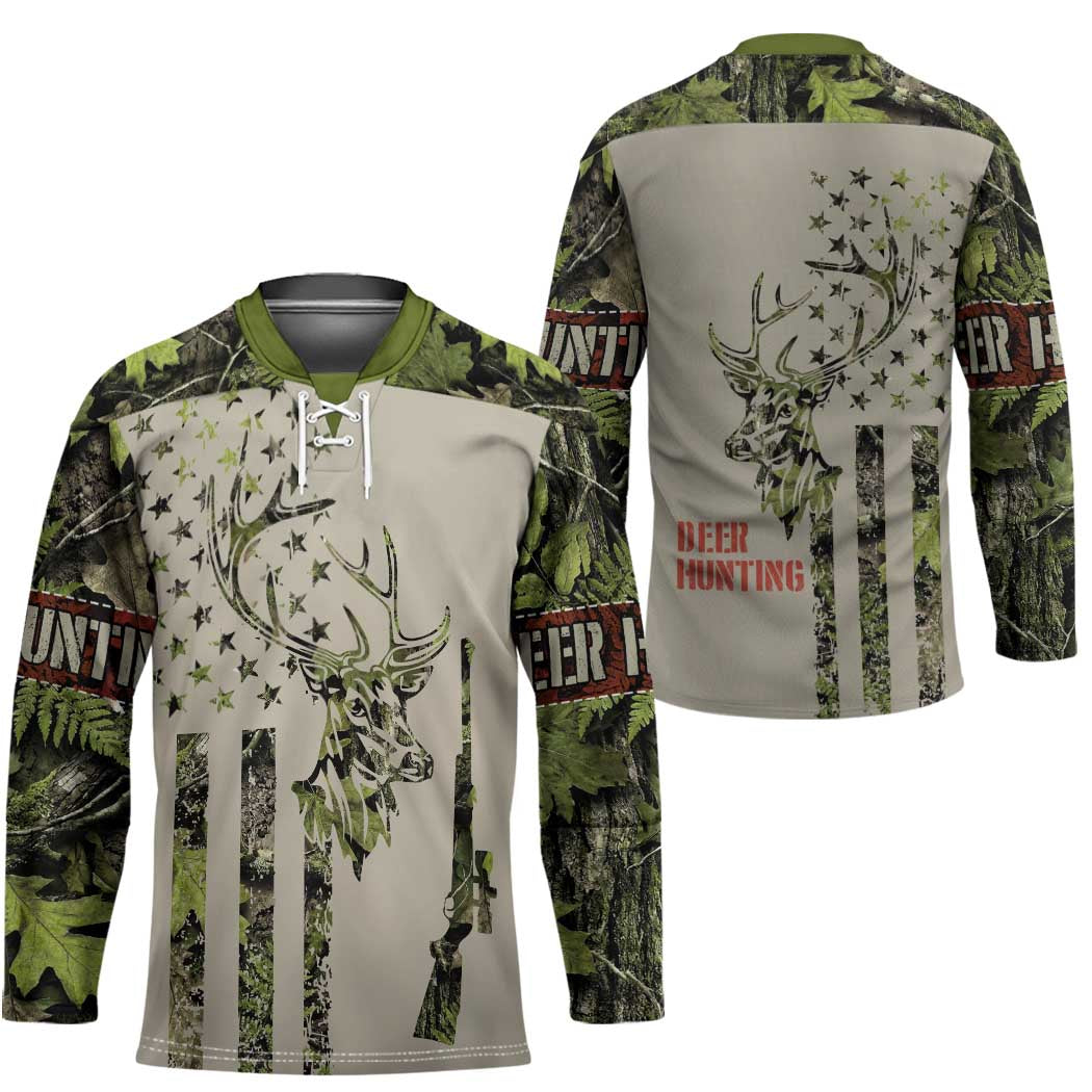 Deer Skull Camouflage Hockey Jersey American Hunting Culture in Forest Green and Earth Tones