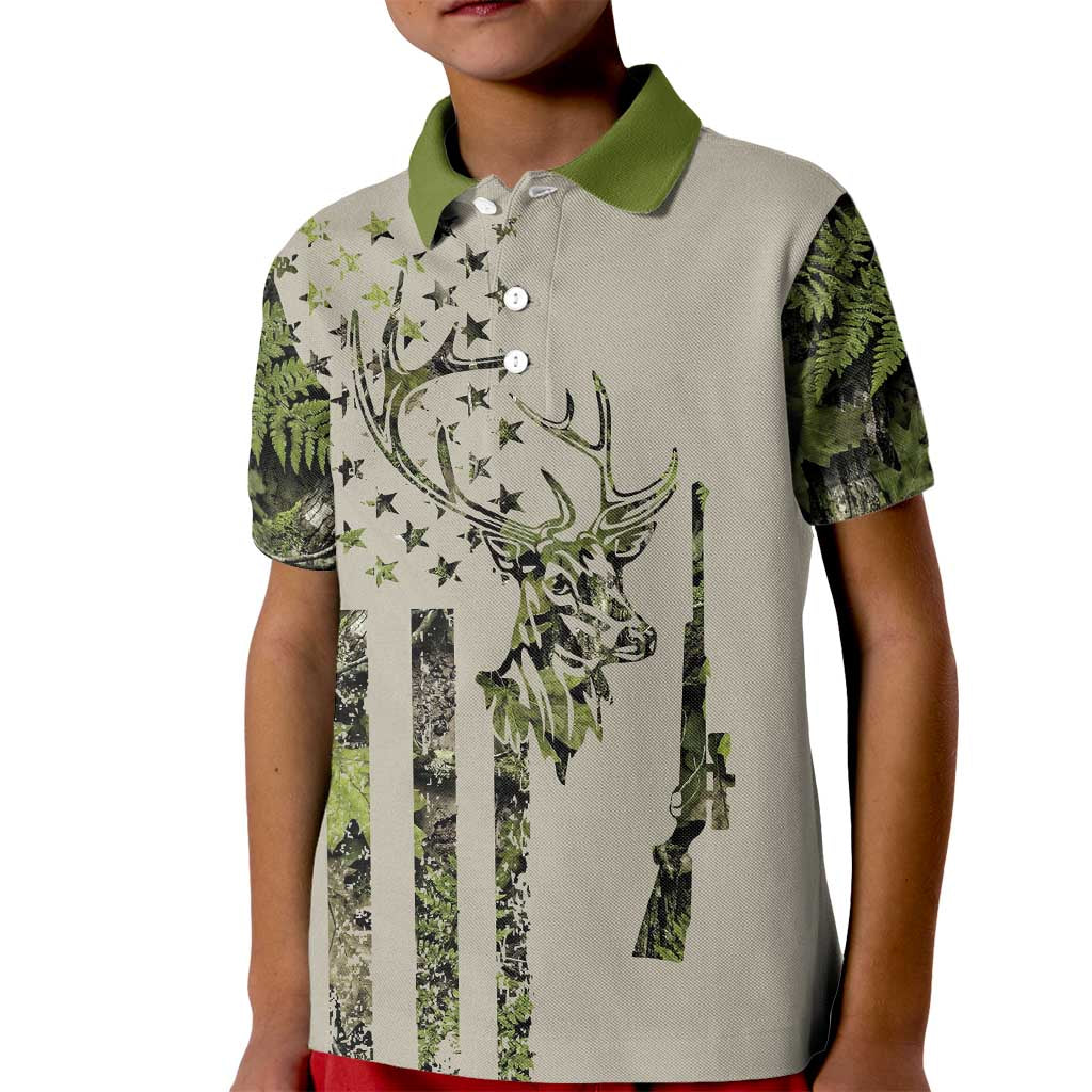 Deer Skull Camouflage Kid Polo Shirt American Hunting Culture in Forest Green and Earth Tones