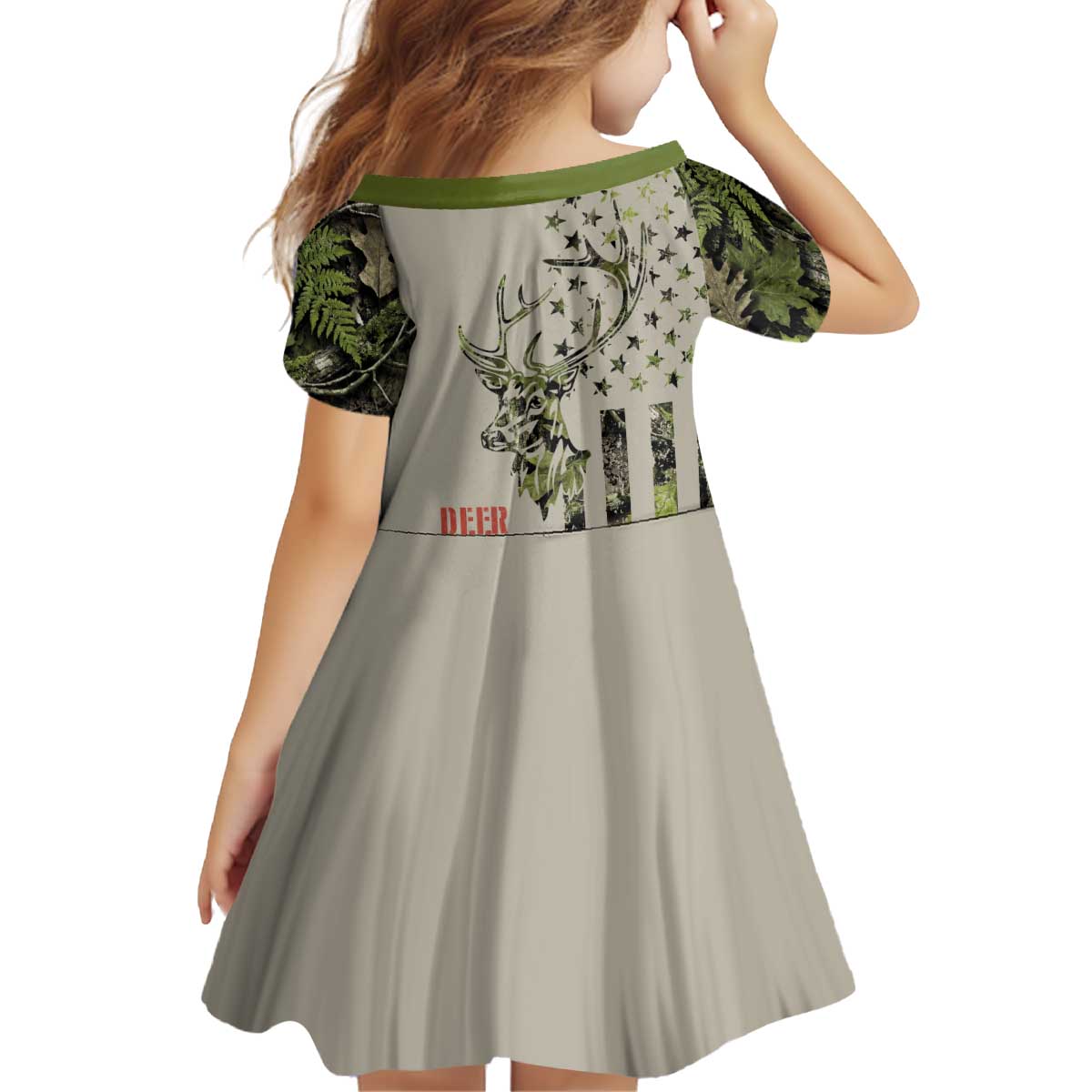 Deer Skull Camouflage Kid Short Sleeve Dress American Hunting Culture in Forest Green and Earth Tones