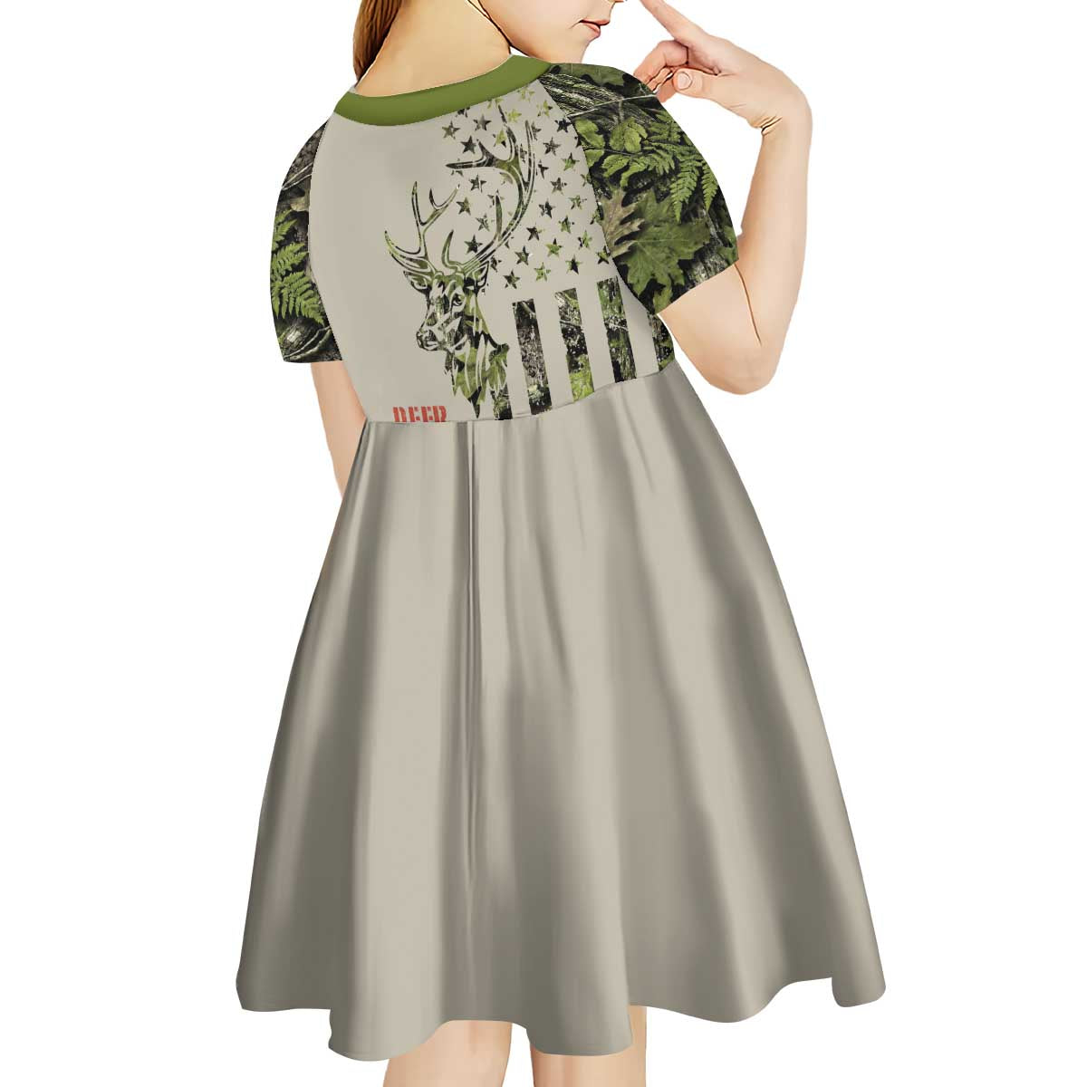 Deer Skull Camouflage Kid Short Sleeve Dress American Hunting Culture in Forest Green and Earth Tones