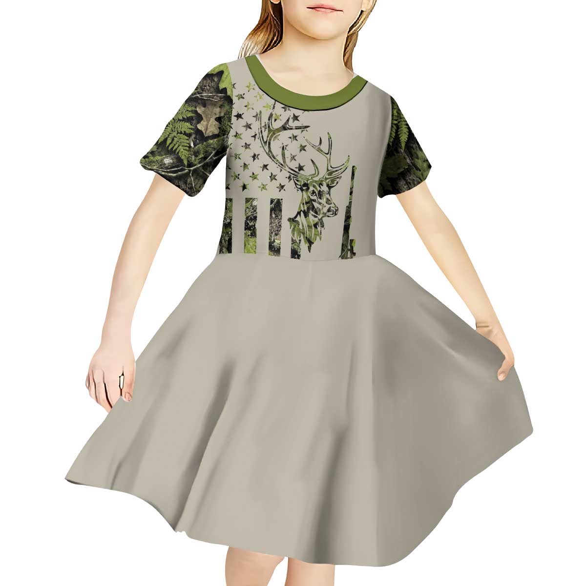 Deer Skull Camouflage Kid Short Sleeve Dress American Hunting Culture in Forest Green and Earth Tones
