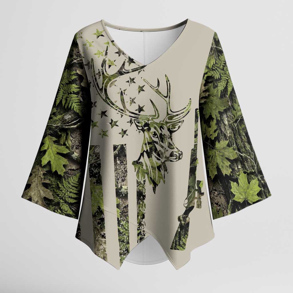 Deer Skull Camouflage Kimono Sleeve Blouse American Hunting Culture in Forest Green and Earth Tones