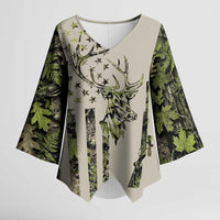 Deer Skull Camouflage Kimono Sleeve Blouse American Hunting Culture in Forest Green and Earth Tones