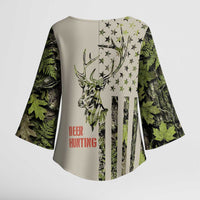 Deer Skull Camouflage Kimono Sleeve Blouse American Hunting Culture in Forest Green and Earth Tones