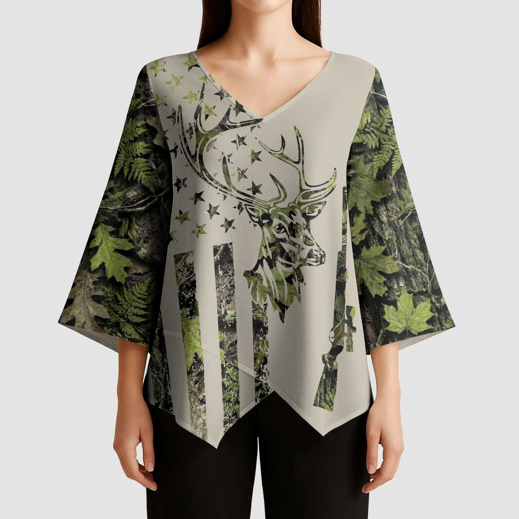 Deer Skull Camouflage Kimono Sleeve Blouse American Hunting Culture in Forest Green and Earth Tones