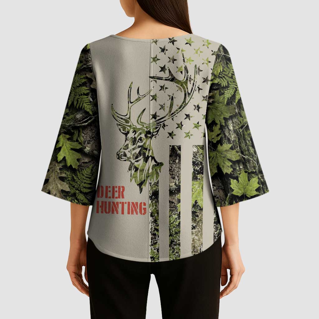 Deer Skull Camouflage Kimono Sleeve Blouse American Hunting Culture in Forest Green and Earth Tones