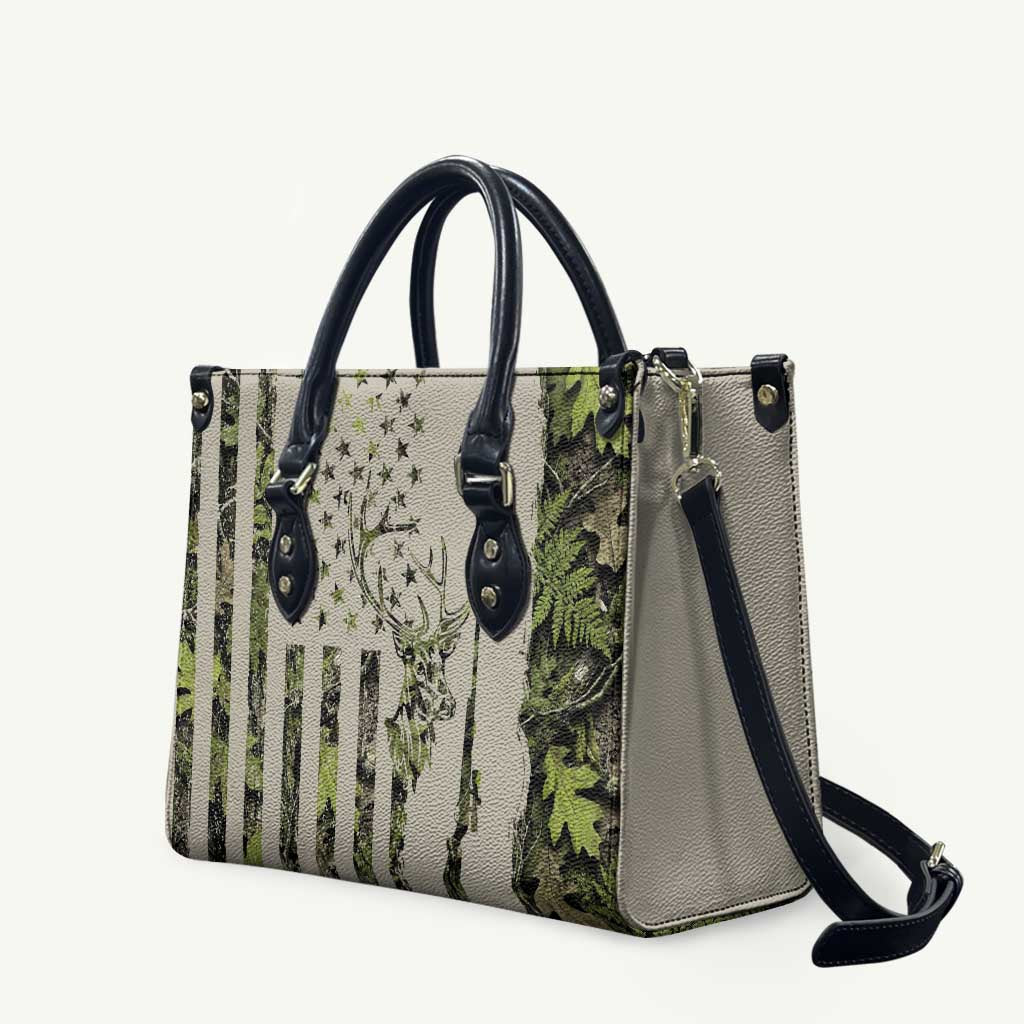 Deer Skull Camouflage Leather Bag American Hunting Culture in Forest Green and Earth Tones