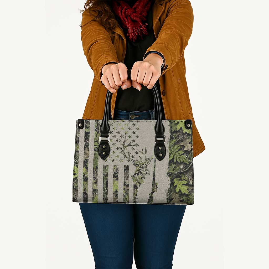 Deer Skull Camouflage Leather Bag American Hunting Culture in Forest Green and Earth Tones