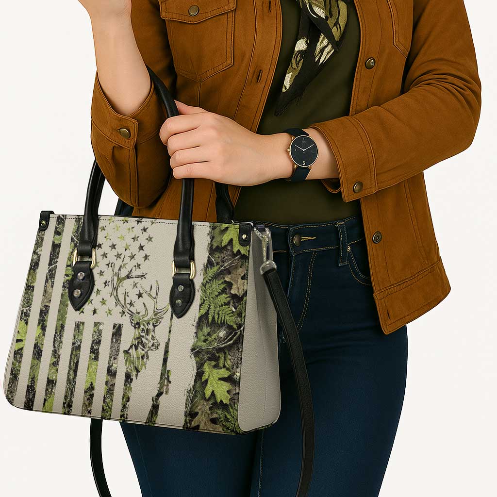 Deer Skull Camouflage Leather Bag American Hunting Culture in Forest Green and Earth Tones