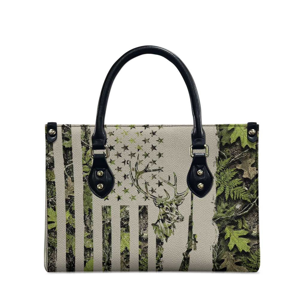 Deer Skull Camouflage Leather Bag American Hunting Culture in Forest Green and Earth Tones