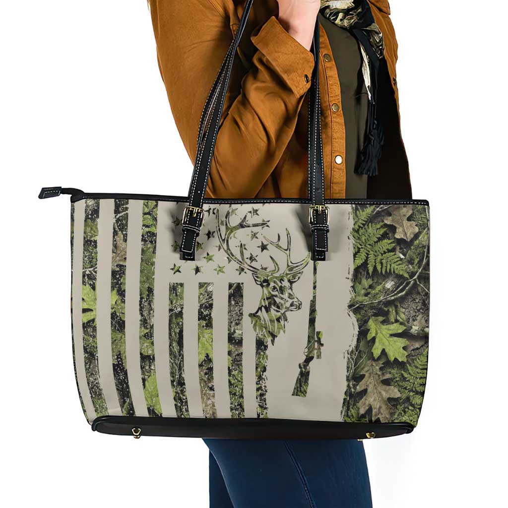 Deer Skull Camouflage Leather Tote Bag American Hunting Culture in Forest Green and Earth Tones