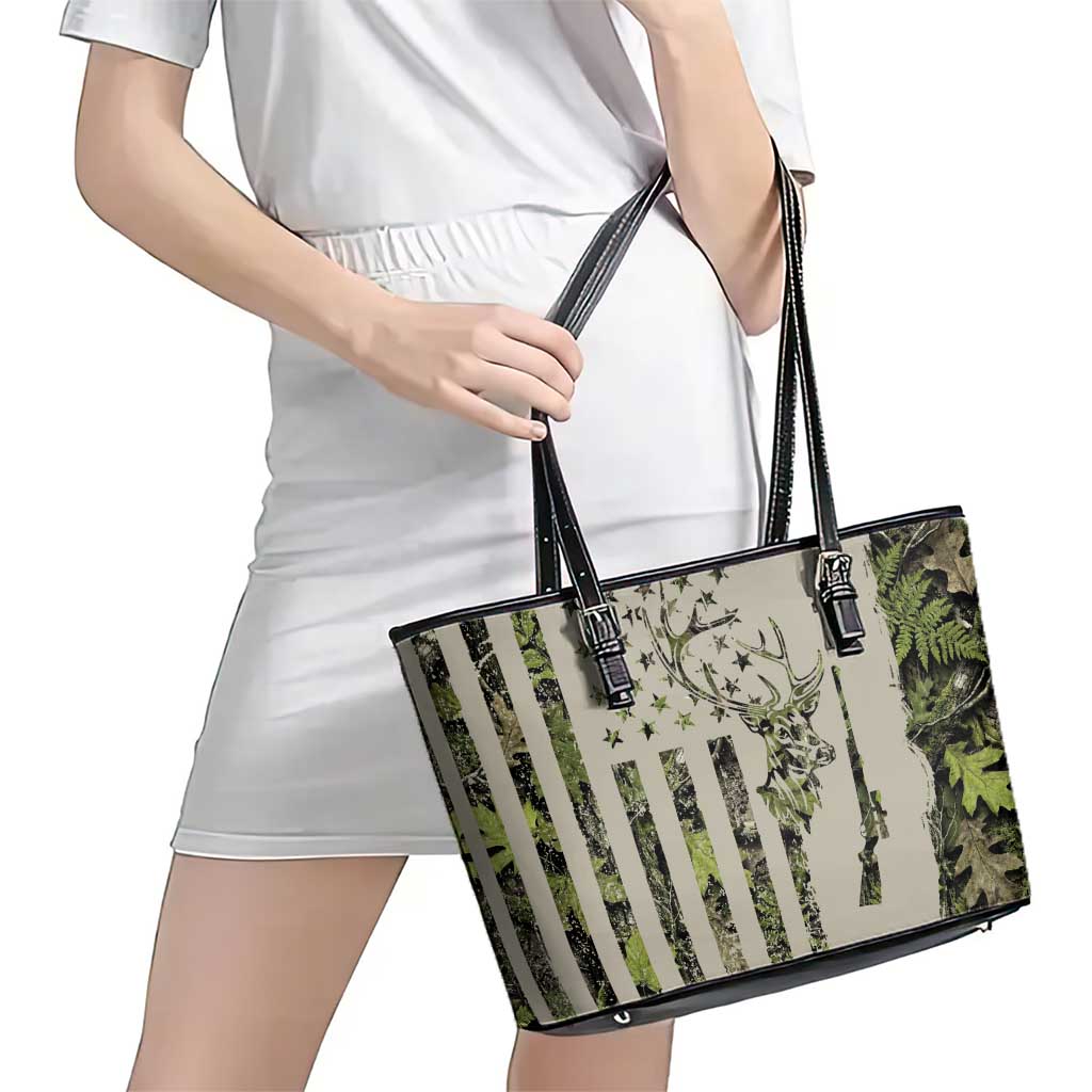 Deer Skull Camouflage Leather Tote Bag American Hunting Culture in Forest Green and Earth Tones