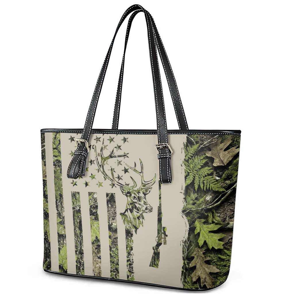Deer Skull Camouflage Leather Tote Bag American Hunting Culture in Forest Green and Earth Tones