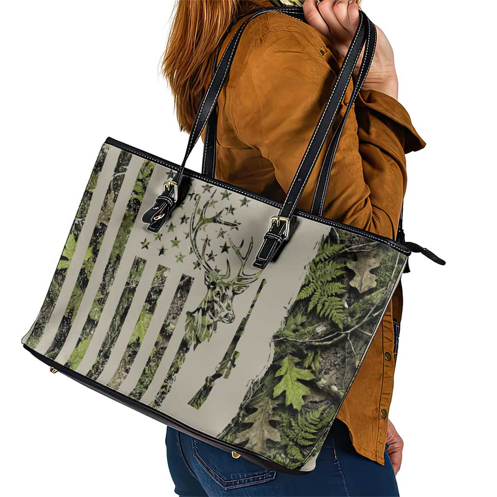 Deer Skull Camouflage Leather Tote Bag American Hunting Culture in Forest Green and Earth Tones