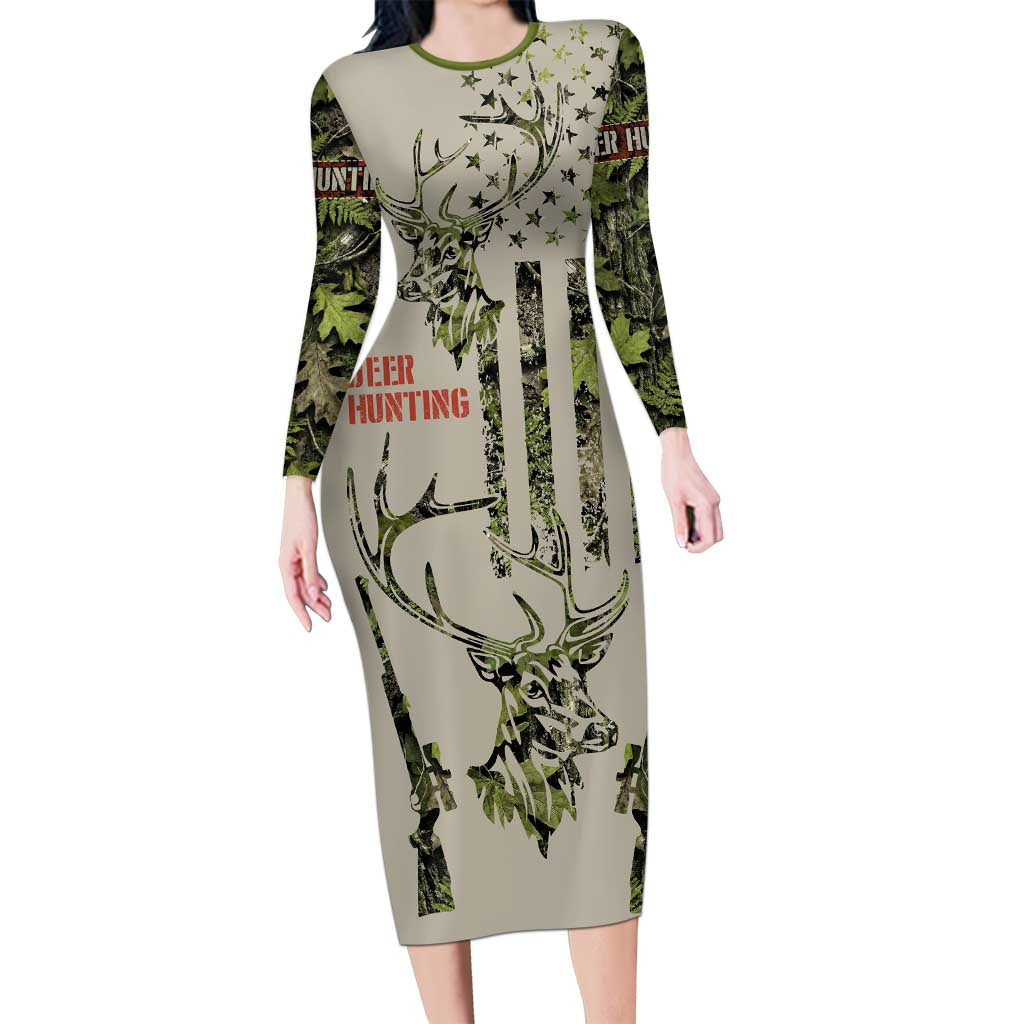 Deer Skull Camouflage Long Sleeve Bodycon Dress American Hunting Culture in Forest Green and Earth Tones