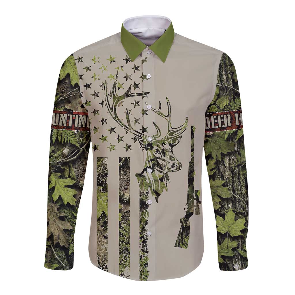 Deer Skull Camouflage Long Sleeve Button Shirt American Hunting Culture in Forest Green and Earth Tones