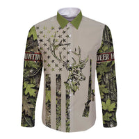 Deer Skull Camouflage Long Sleeve Button Shirt American Hunting Culture in Forest Green and Earth Tones