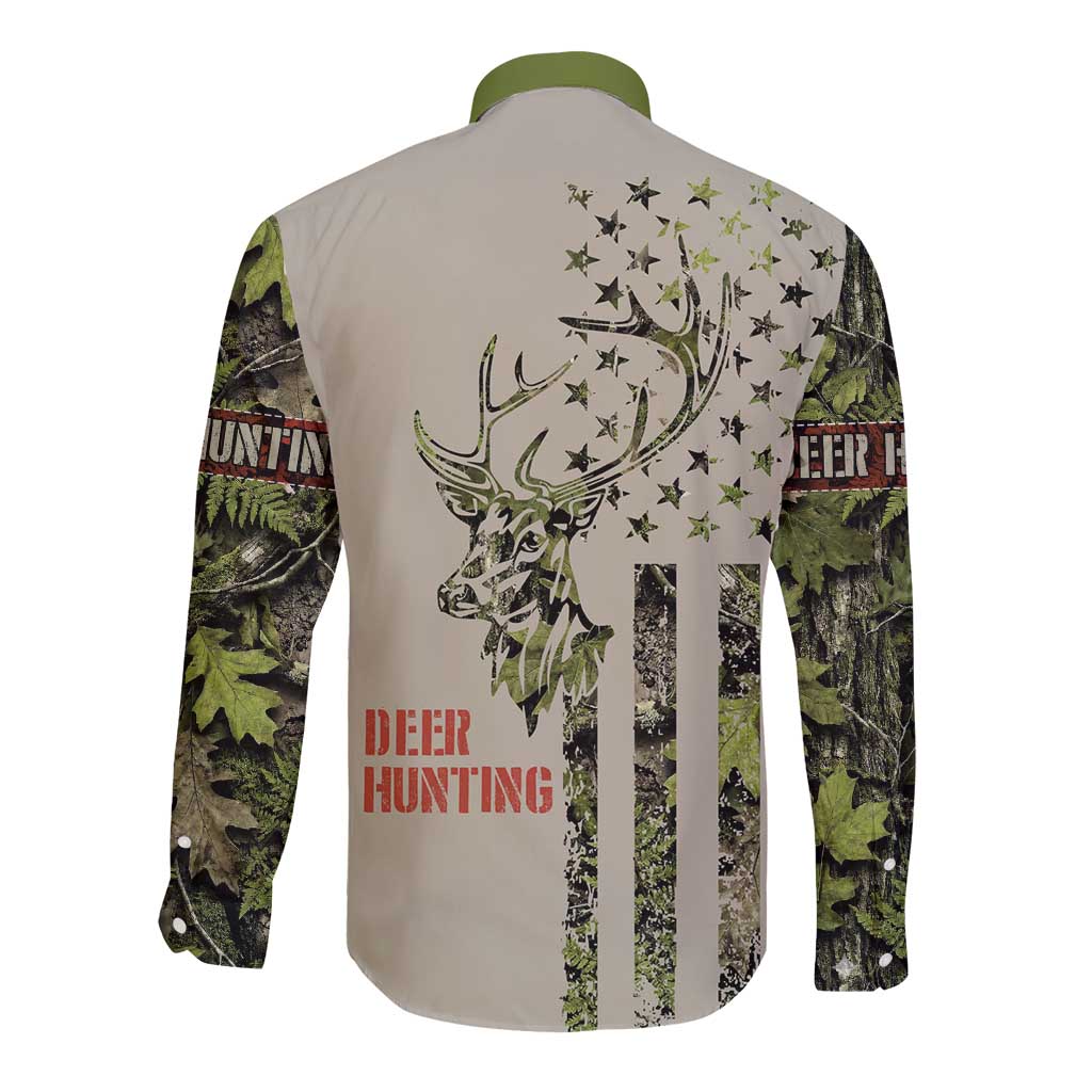 Deer Skull Camouflage Long Sleeve Button Shirt American Hunting Culture in Forest Green and Earth Tones